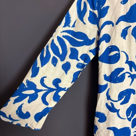 Zara White & Blue Tropical Floral Pattern Long Sleeve Mini Linen Wrap Dress Med - Picture 7 of 9